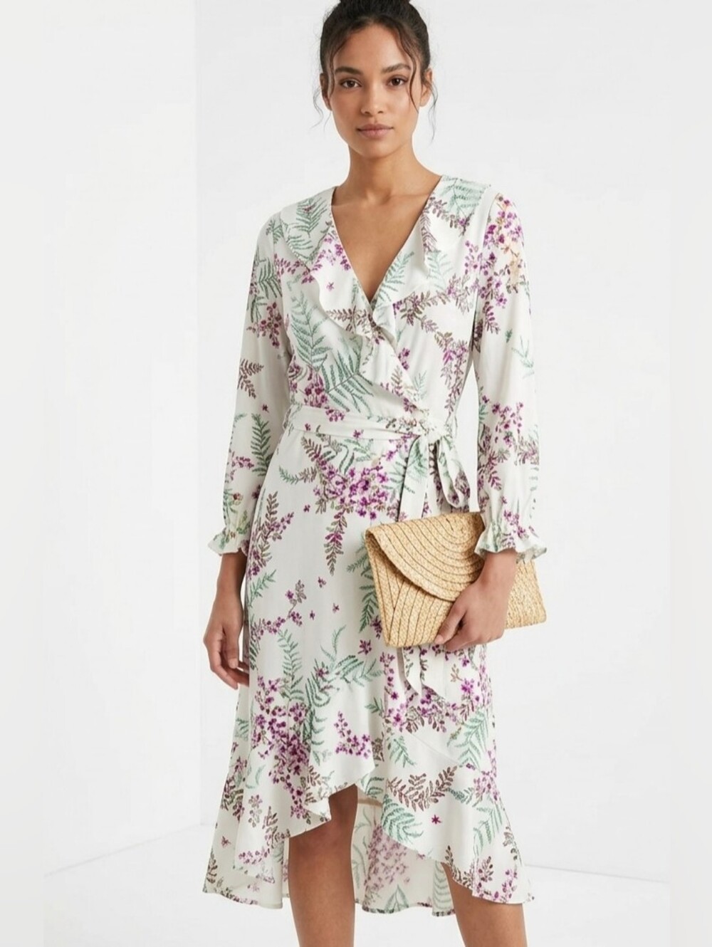 Hale Bob Ivory Floral Faux Wrap Dress Hi-lo NWT
